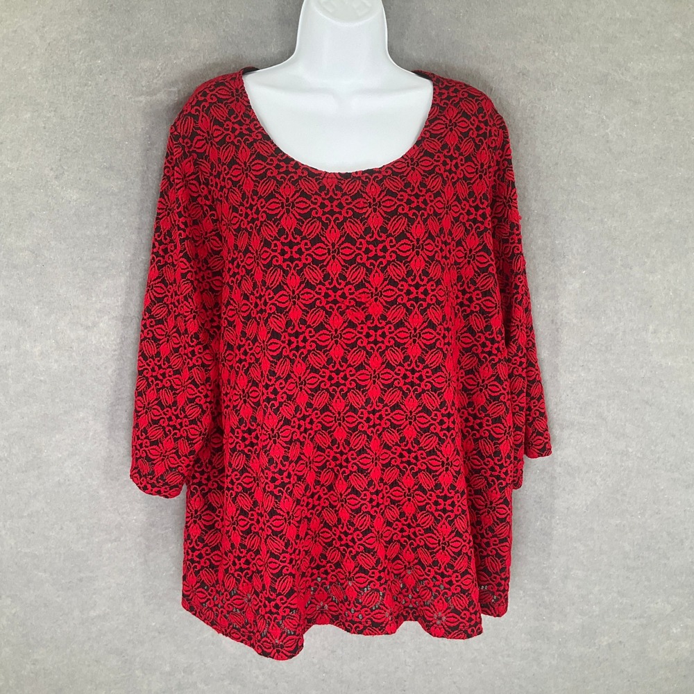 Catherines Top Womens 1X Red Floral Lace 3/4 Sleeve Textured Pullover Blouse‎